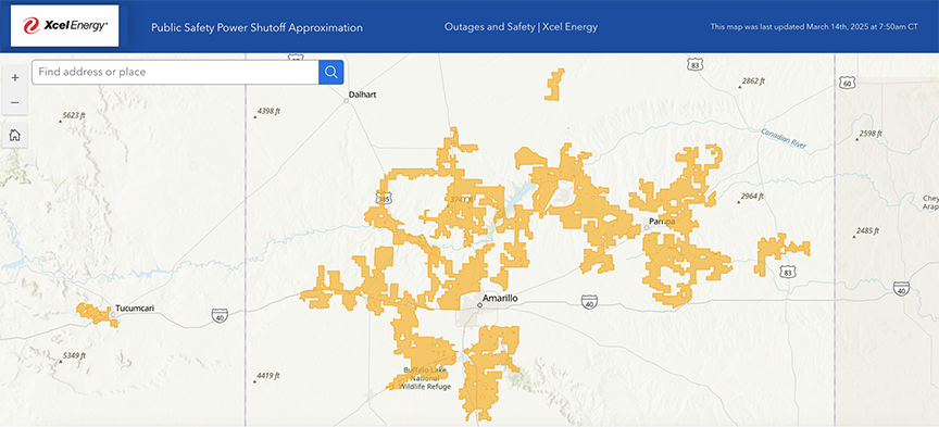 Map showing potential temporary power shutoffs in Panhandle area