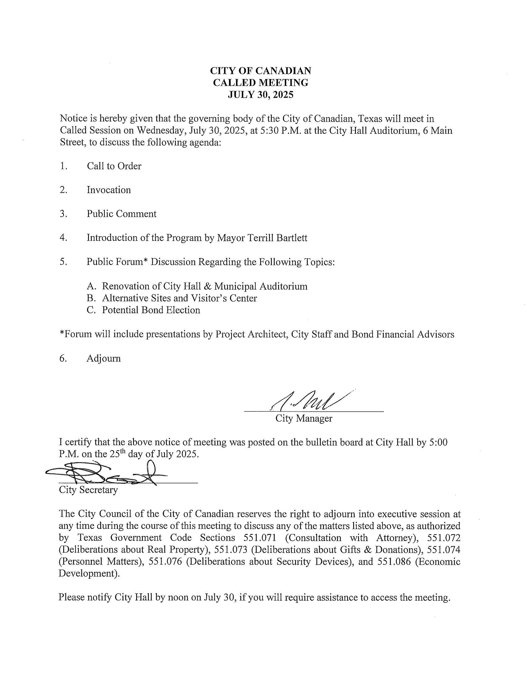Agenda for Called Meeting July 30