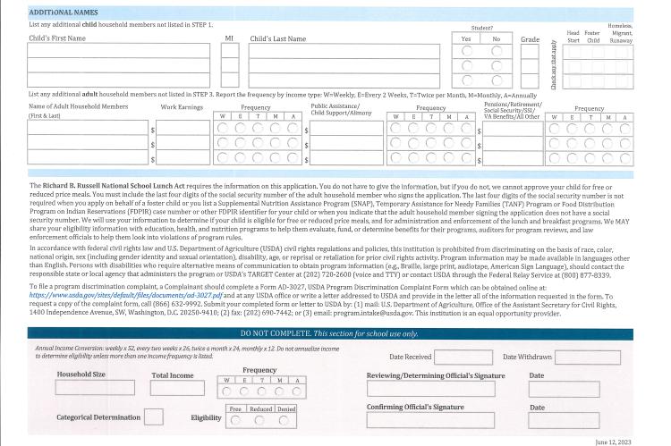 Page 2 of application for meals in English