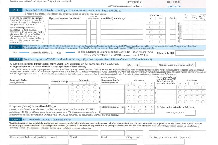 Page 1 of application for meals in Spanish