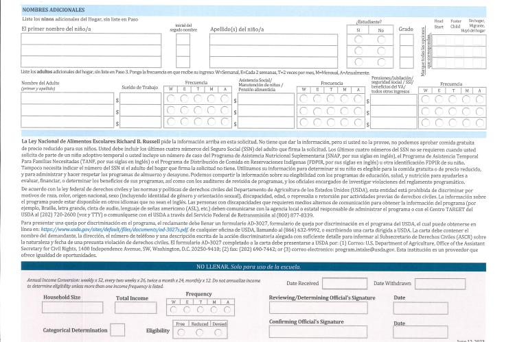 Page 2 of application for meals in Spanish