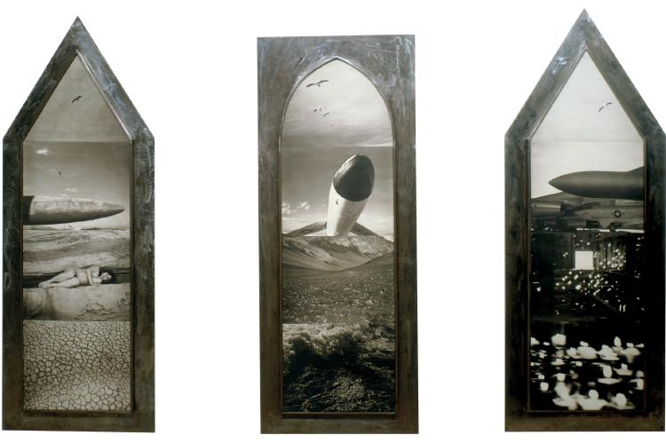 Three Missiles: Flight/Force, Four Elements, and Physics/Faith, each approximately 83” x 30” composed of four palladium prints in shaped steel frames, each stamped with title, 84”x 12’ 1/1