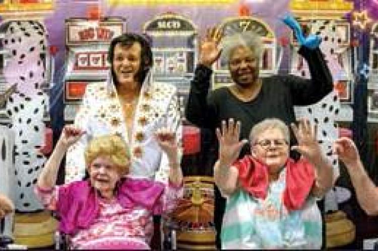 Edward Abraham Nursing Home residents greet The King: (back) Elvis and Diane Johnson; (front) Eva Timmons, Bettye Jones, Norma Patton, and Billy Hunt.