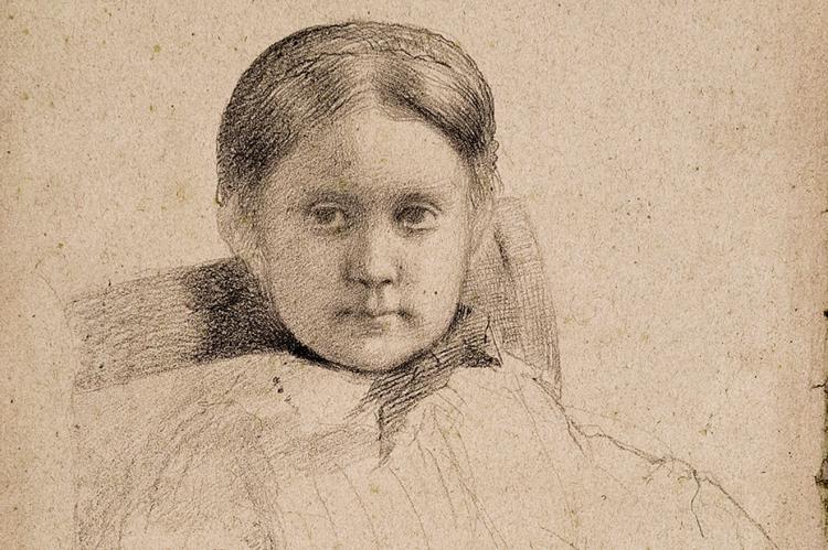MLLE DEMBOWSKA, ca 1858-59; black crayon drawing on plum-colored paper