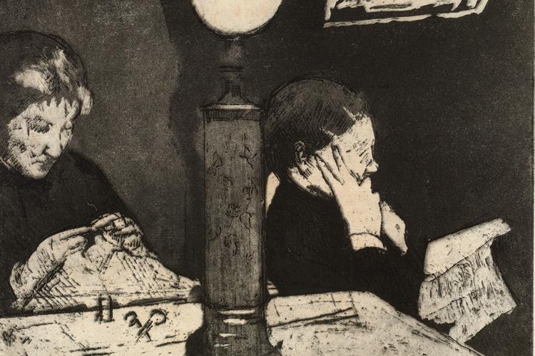 UNDER THE LAMP MARY CASSAT (American 1844-1926), ca 1882; etching and aquatint
