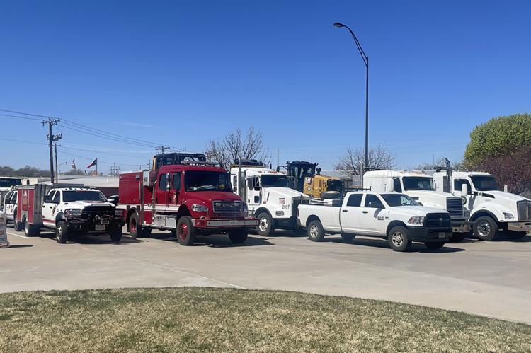 Equipment staged in River Valley Pioneer Museum parking lot for quick response to wildfire
