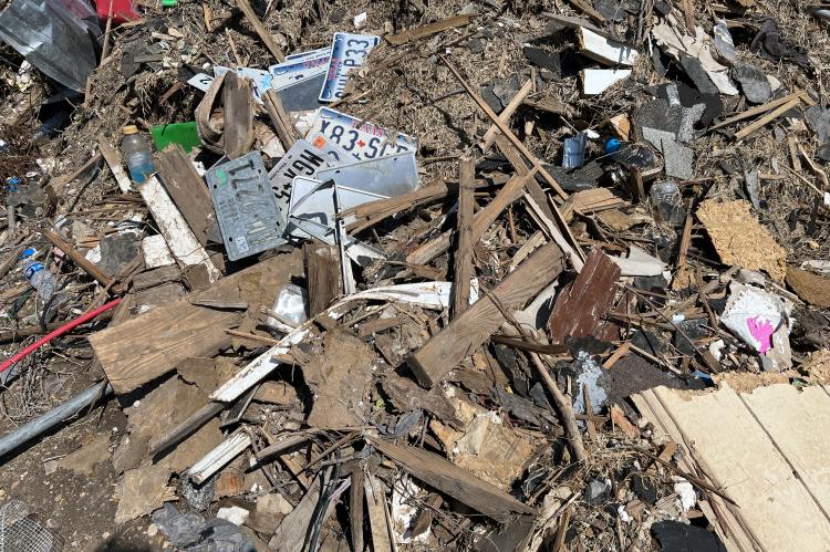 A pile of tornado debris in one of Perryton's residential areas