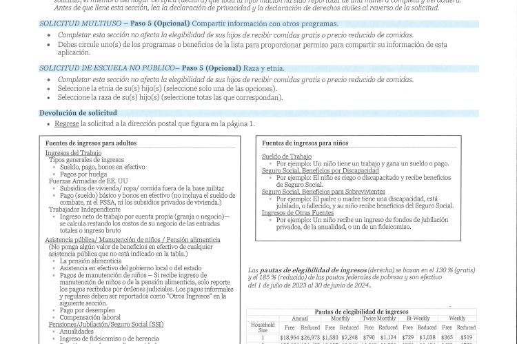 2nd page of Spansh instructions for applying for free and reduced school lunches