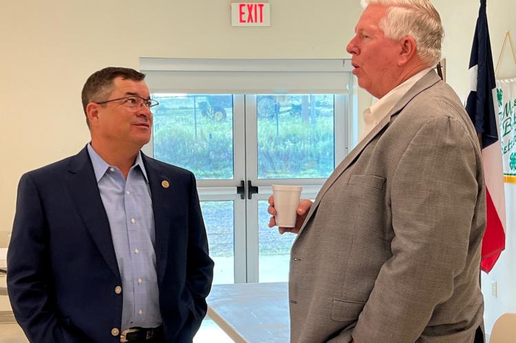 Hemphill County AgriLife Extension Agent Andy Holloway thanks Rep. King for his work with Texas Governor Greg Abbott to ensure that local ag producers got federal disaster declarations following devastating wildfires here, in addition to USDA funding to build new fences.