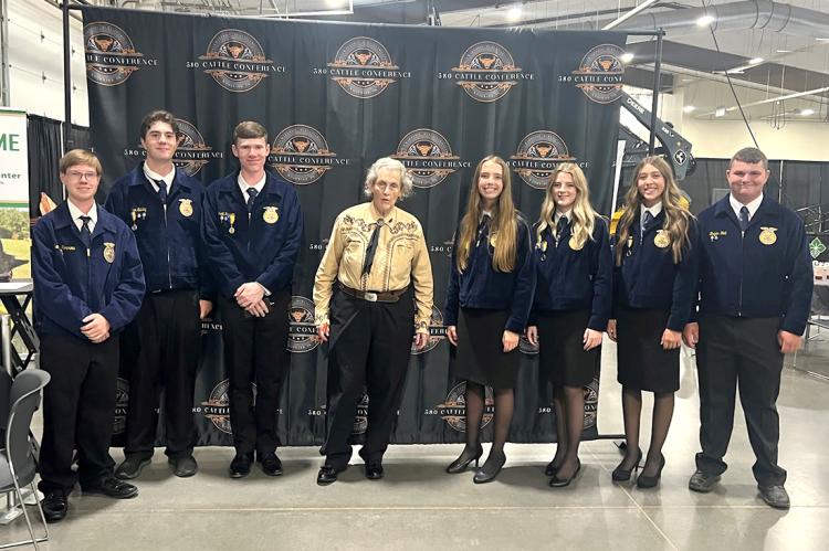 From left to right: Logan Morrow, Tyler Sibley, Brett Reasor, Dr. Temple Grandin, Evie Diss, Leah Taylor, Saige Moore, and Bryan Holt