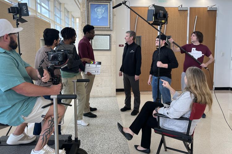 Randy Ray, fourth from right, and Dr. Jessica Mallard, second from right, direct students for “Searching for Sybil,” a short film about Amarillo philanthropist Sybil B. Harrington. Participating students include Maurice Holderman, from left, Gabriel Gonzales, Sir’Garen Grayson, Bryan Abanonu, Peyton Stokes and Duncan Neus.