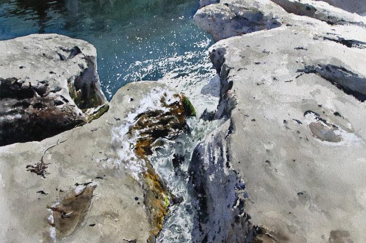 Ric Dentinger, Cascade, McKinney Falls State Park, 2020, watercolor on paper, 30x22 in.