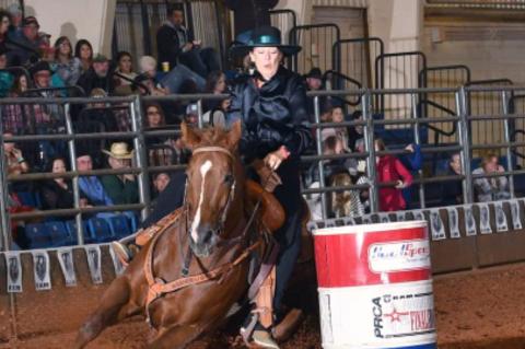 Canadian’s Tamara Reinhardt takes a turn around a barrel in the PRCA Prairie Circuit Finals in Duncan, Oklahoma last weekend.