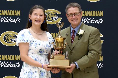 CISD Superintendent Lynn Pulliam presents Abraham Award to Maddlynn Longoria Friday evening
