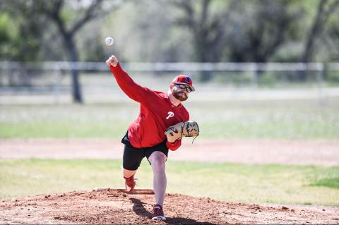 Addison Russ (right) works out at the Hemphill County baseball/softball complex on Saturday.