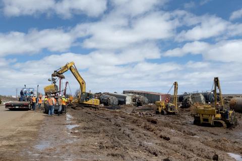 Train derailment clean-up crews at this scene just beyond Glazier had a tough slog in the aftermath of high winds and heavy rainstorms last week