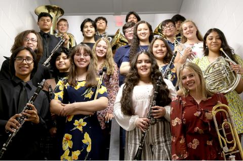 The Wildcat Band's state-qualifying soloists and ensemblists posed for this shot at the band hall recently. They are, (back row) Karson Thompson, Alan Cedillo, Kevin Perez, Oscar Navarro; (third row) Alberto Vargas, Adrian Avila, Will Fry, Estefania Perez, Carlos Sanchez, Abi Black; (second row) Arthur Brown, Karla Blanco, Abbi Voorhees, Alise Jacquez, Toni Duenes; and (front row) Leo Avila, Allison Culwell, Jackie Perez, Tatum Oatman. 