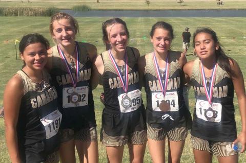 Lady Cat runners Kathy Aragon, Arionna Black, Konnar McClendon, Payton Lee, and Elizabeth Guerrero