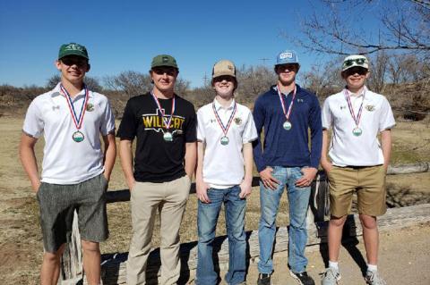 Wildcat golf team members Ethan Stephenson, Hayze Hufstedler, Camden Clark, Cree Waite and Ben Bryant following a victorious day on the Canadian Golf Course last week.