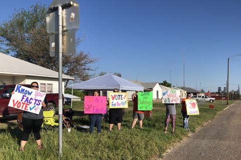 Higgins ISD staff showing their support for the annexation vote Saturday, May 2