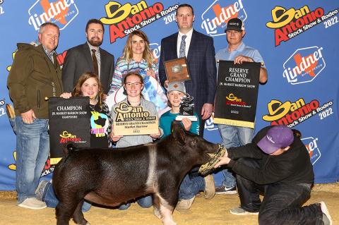 (Back row) Shane Swenhaugen, Brian Arnold, Victoria Cook, Maverick Squires, and Ron Cook; and (front row) Tatum Swenhaugen, and Macie and Cinch Hansen
