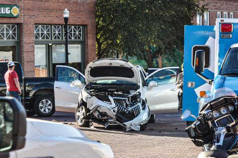 This two-vehicle collision in October 2020 occured at the intersection of Main and Third Streets, and resulted when the driver of this Buick Encore entered the intersection without seeing the oncoming pickup truck, driven by a city of Canadian employee. No injuries were reported, and the driver was cited for failure to yield right-of-way.