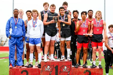 The mile-relay team of Hayze Hufstedler, Josh Culwell, Angel Garcia, and Rylun Clark finished yesterday's meet in fine style by claiming gold in a time of 3:30.01, and heading to the award stand