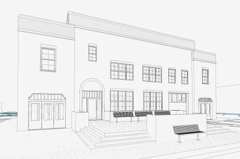 Architect's view of front elevation and entry plaza