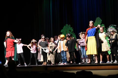 Kaitlynne Williamson, Harper Collins, Emory Timmons, Tristan Collins, Joslyn Floyd, Beckett Beedy and Bryn Wilhelm in their audience-pleasing cameo appearance as the Village People
