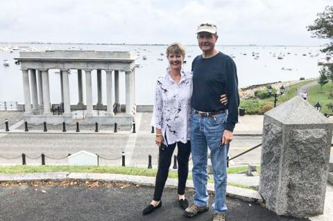 George and Beth Briant in front of the Plymouth Rock Memorial