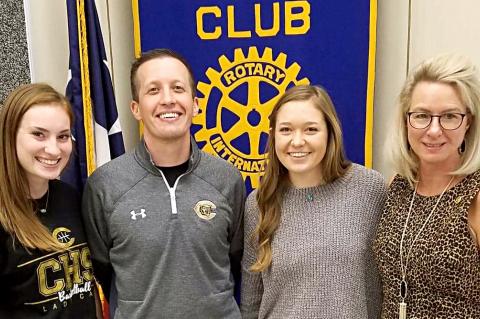McKenna Cavalier, Coach Aaron Marks, Gracie Huntress, and Rotarian Anna Booze