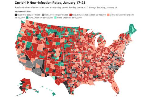 According to the map above, provided by Daily Yonder #usafacts, residents of Hemphill County (pop. 3,819) had 59 new COVID-19 cases from Jan. 17-23. It is among the rural counties reported as having an infection rate of over 500 per 100,000. To view the map with live links to the data for each county, go online to dailyyonder.com.