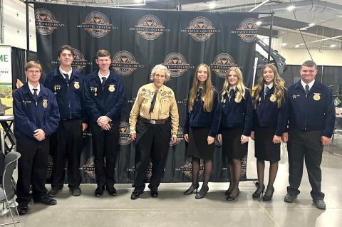 From left to right: Logan Morrow, Tyler Sibley, Brett Reasor, Dr. Temple Grandin, Evie Diss, Leah Taylor, Saige Moore, and Bryan Holt