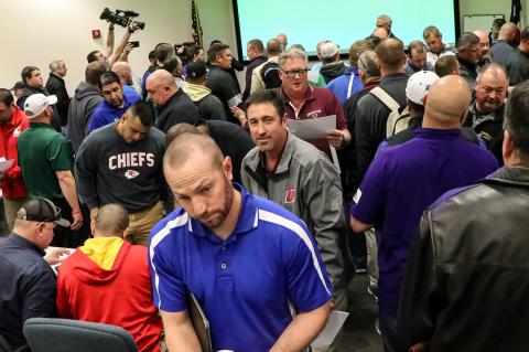 This was the chaotic scene Monday at the Region 16 Service Center in Amarillo, where UIL officials announced the official reclassification and realignment assignments for the next two school years.