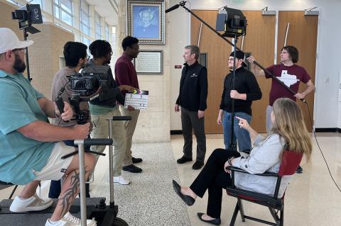 Randy Ray, fourth from right, and Dr. Jessica Mallard, second from right, direct students for “Searching for Sybil,” a short film about Amarillo philanthropist Sybil B. Harrington. Participating students include Maurice Holderman, from left, Gabriel Gonzales, Sir’Garen Grayson, Bryan Abanonu, Peyton Stokes and Duncan Neus.
