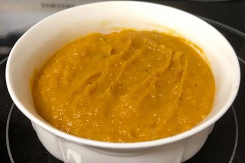 Sweet potato, carrot, apple, and red lentil soup