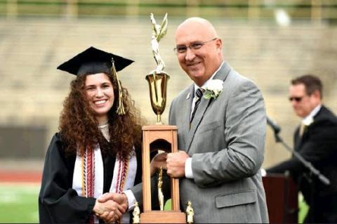 SUPERINTENDENT KYLE LYNCH PRESENTING 2019 LISKE CUP TO GRACE ABRAHAM