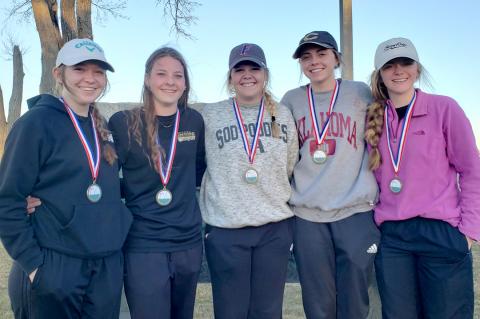 Lady Cat golfers: Gracie Huntress, Emily Kauk, Hanna Kauk, Briley Merket, and Ryan Pinkston