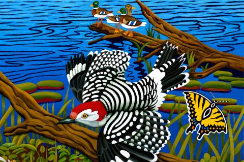 Billy Hassell, Red-bellied Woodpecker with Mallards, Daingerfield State Park, 2021, oil on canvas, 40x30 in.