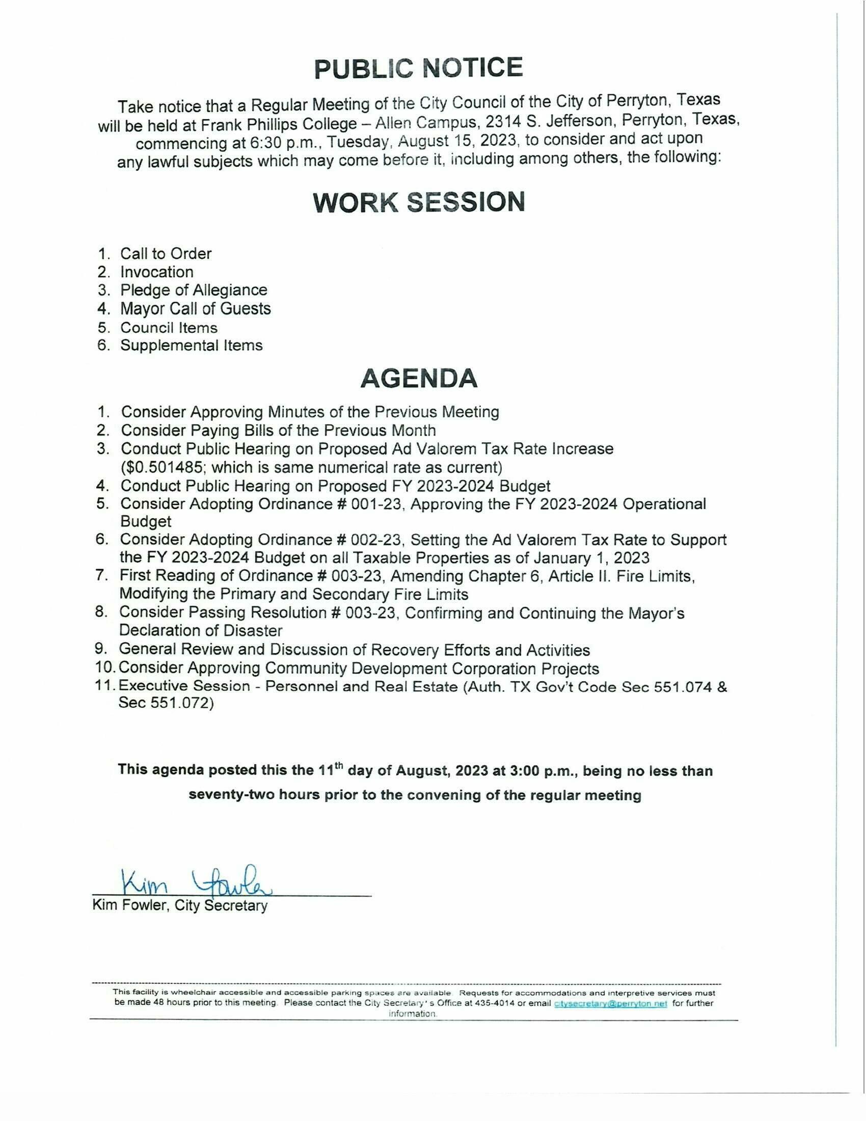 August 15 Perryton City Council Meeting Agenda