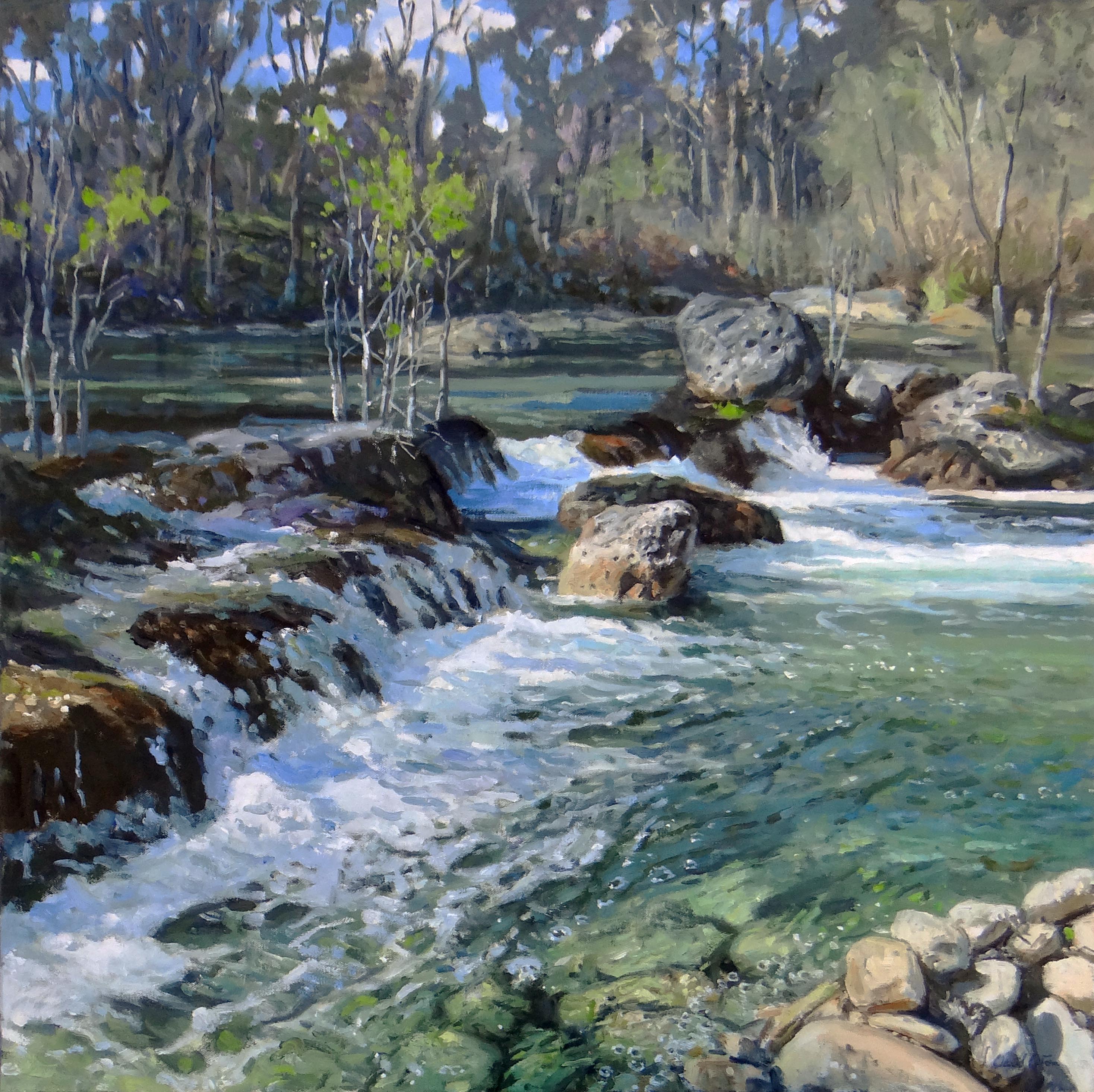 David Caton, Blinn Trail Rapids, Garner State Park, 2019, oil on canvas, 30x30 in.