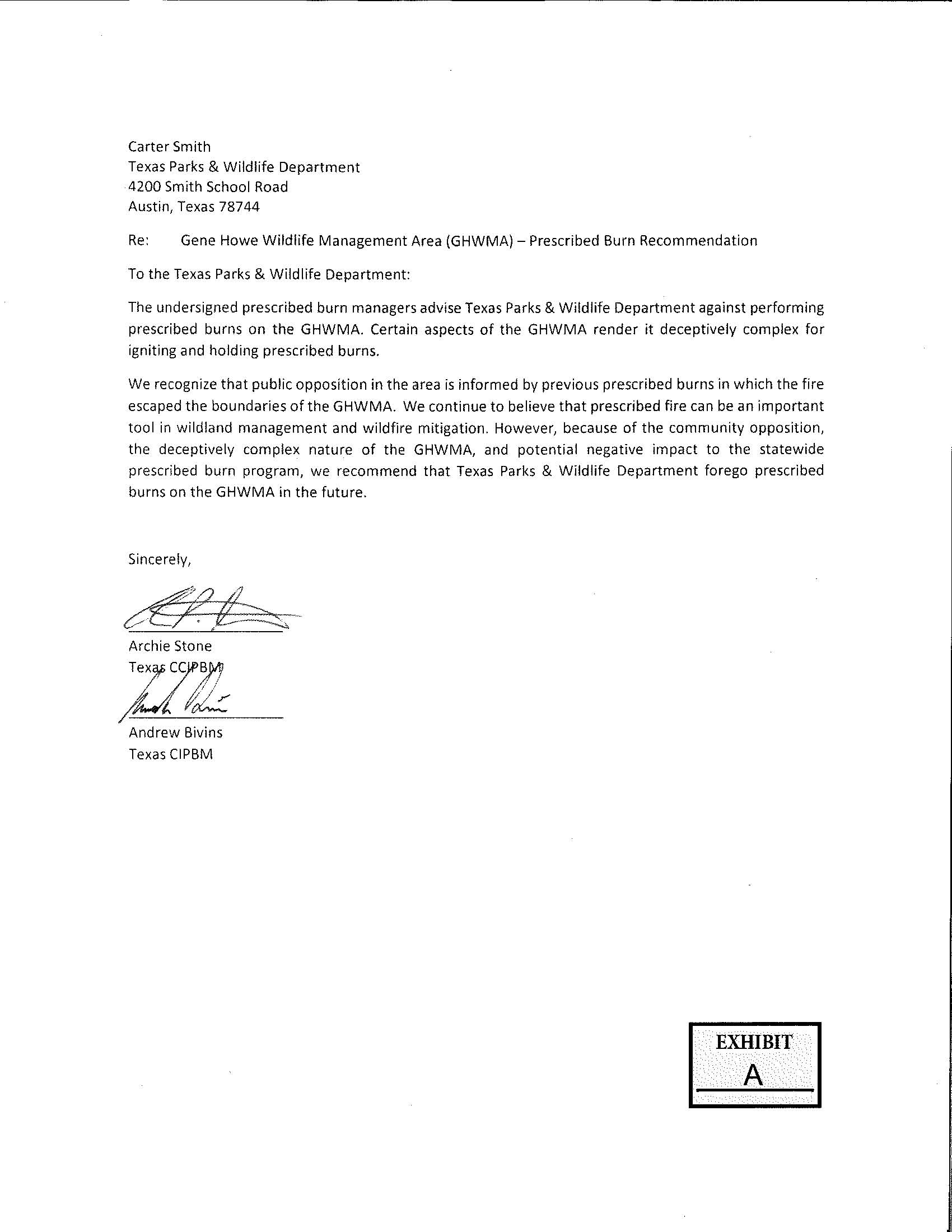 Letter to TPWD re: prescribed burn