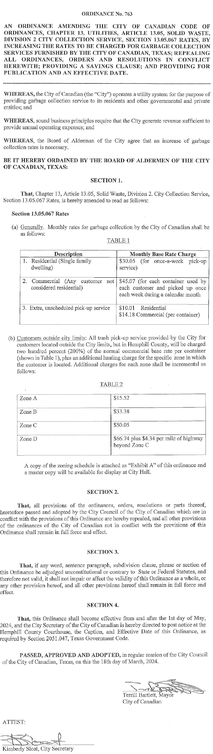 City Ordinance 763-Trash Collection Services