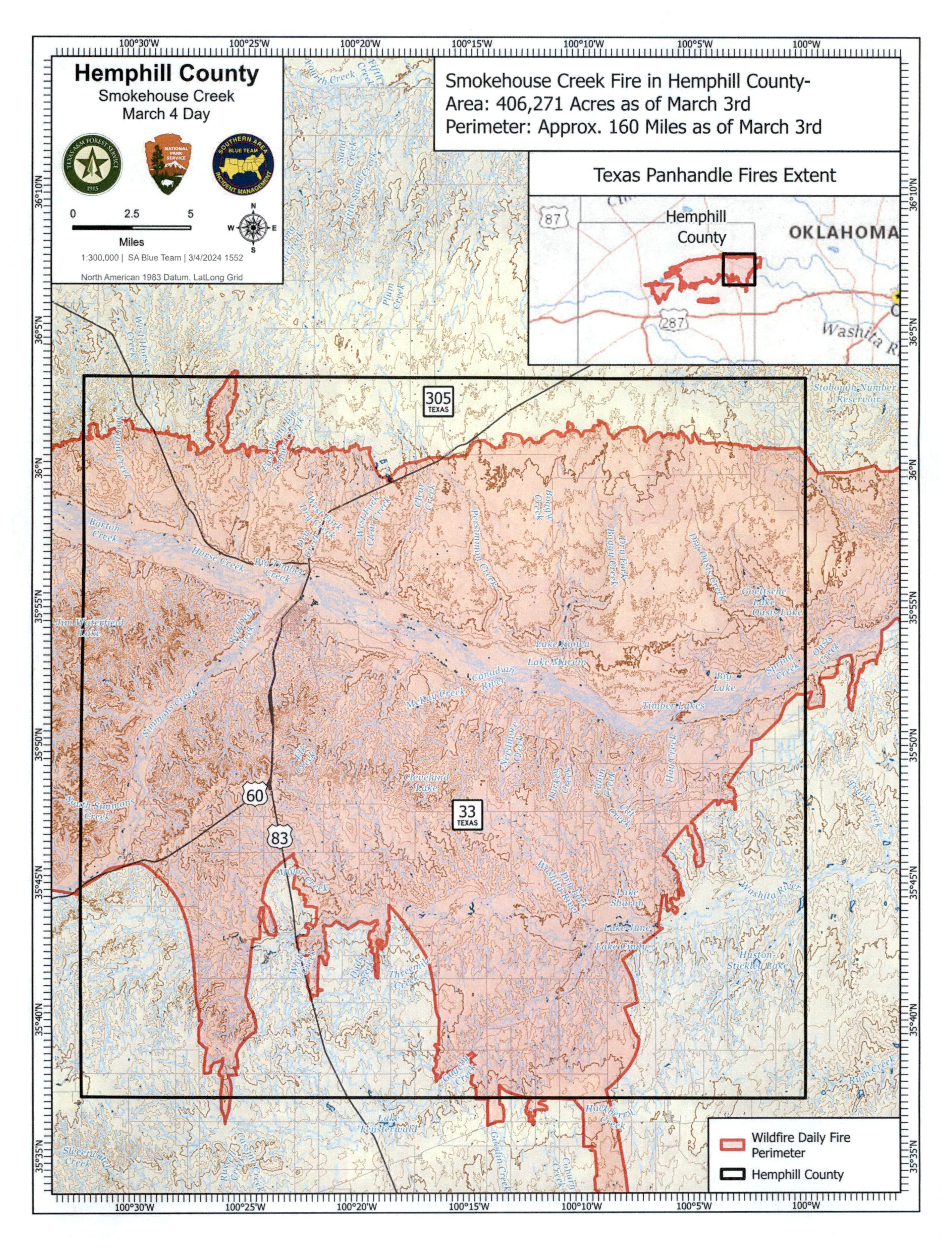 Map of the Smokehouse Creek Fire in Hemphill County as of March 3