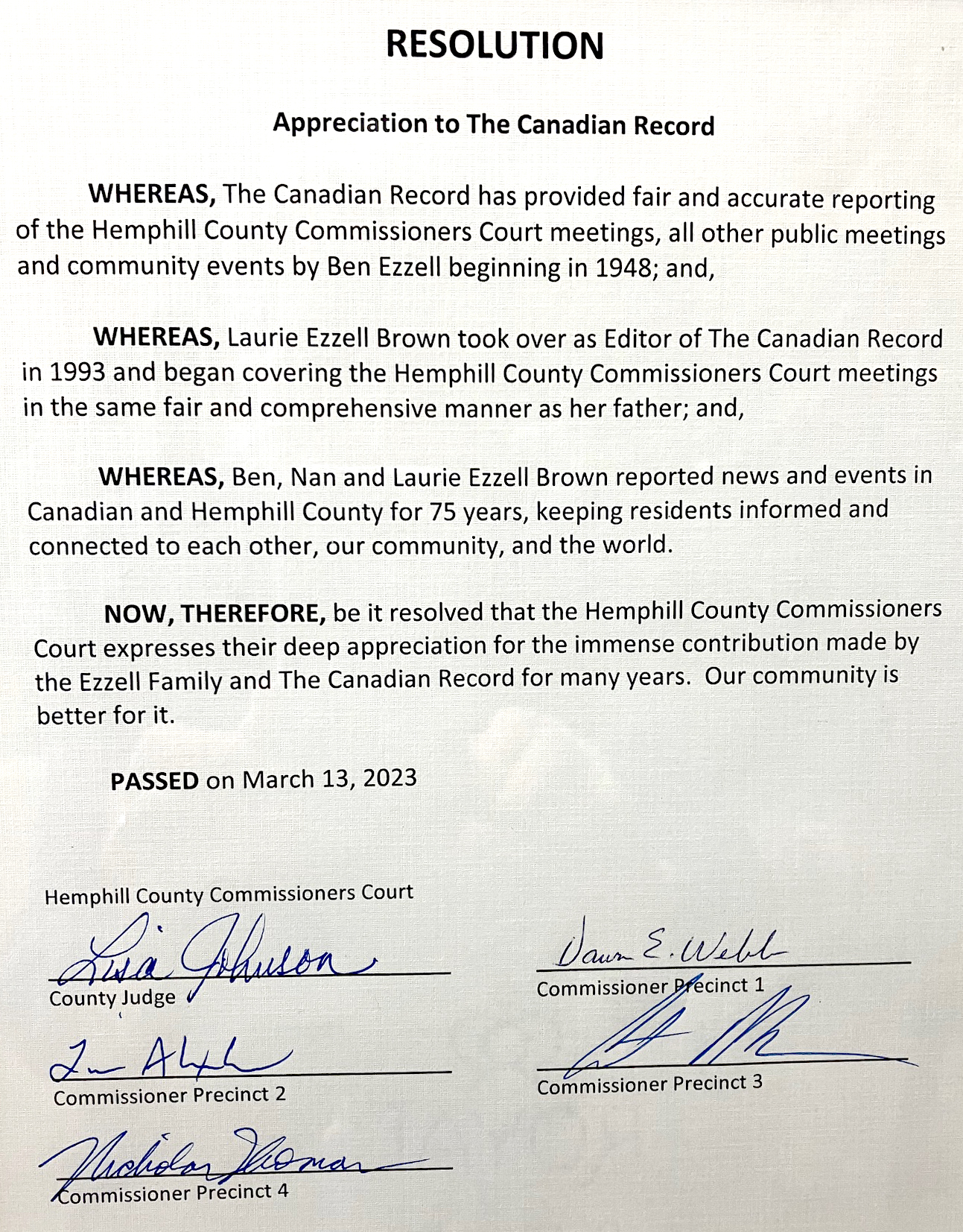Resolution Judges Commissioners Court honors Canadian Record Editor Laurie Ezzell Brown ...