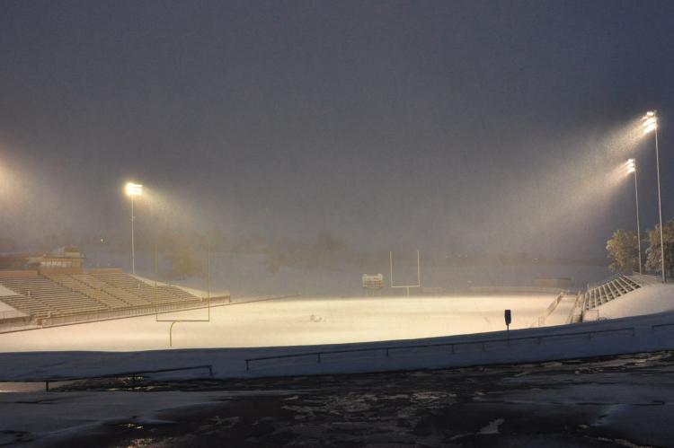 Wildcat Stadium is covered in a blanket of snow before last Thursday’s games. Canadian received 6-11 inches of snow. 