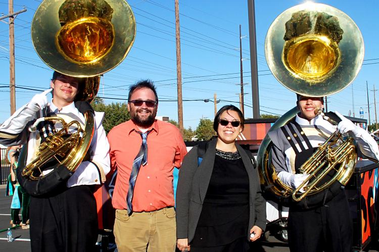 The Edwards with tubas Austin Gravitt and Alan Jara, during Area pre-finals warm-up