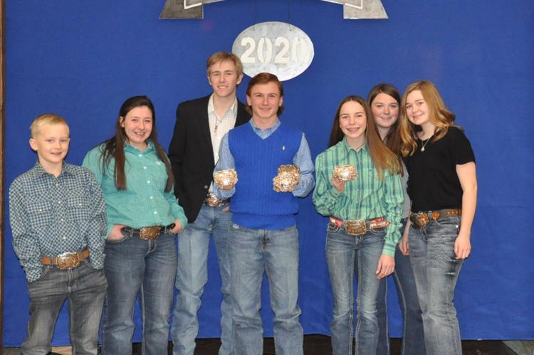 Grand and Reserve Grand Champions: (l-r): Ryan Leach, Victoria Shott, Alex Smith, Meyer Ray Ancira, Adison Walser, Mallory Poe, and Aubrie Poe. Not pictured, Twister Kelton.