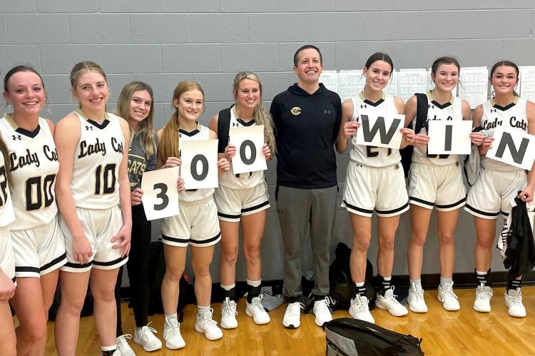 CHS Coach Aaron Marks celebrates his 300th career win with the Lady Cat varsity