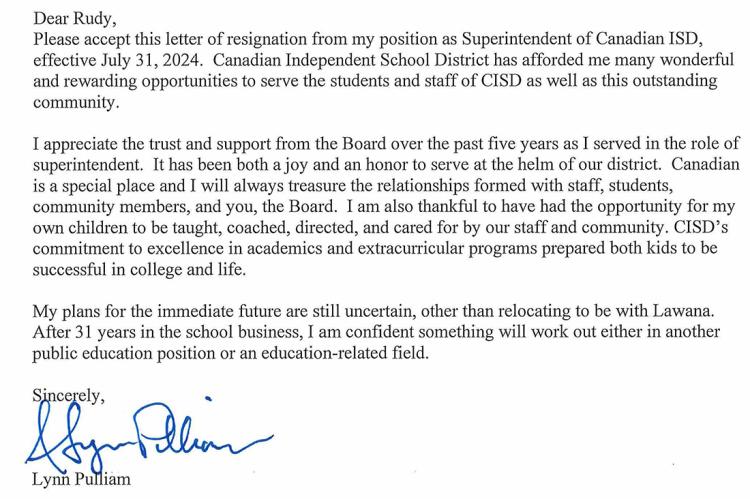 Supt. Lynn Pulliam's resignation letter to school board president Rudy Godino